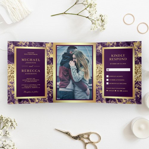 Gold Glitter Purple Marble Photo Wedding Tri_Fold Invitation