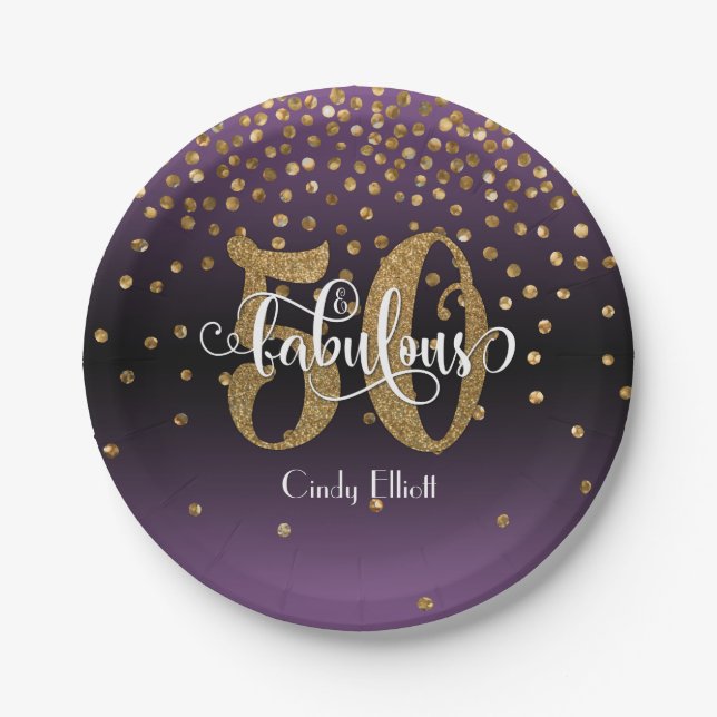 Gold Glitter Purple Ombre 50 & Fabulous Birthday Paper Plates (Front)
