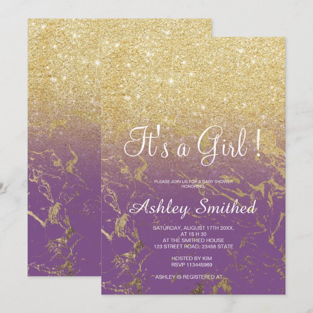 Gold glitter purple ombre marble girl baby shower invitation (Front/Back)