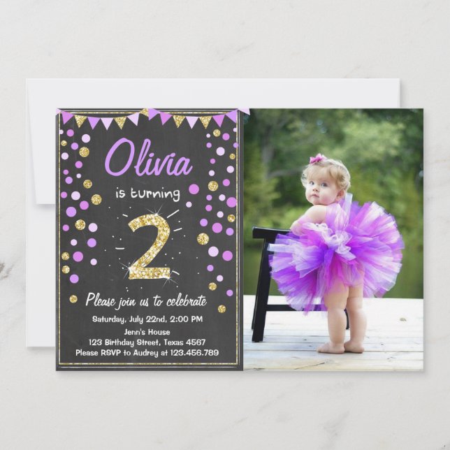 Gold glitter Purple Pink Birthday Invitation (Front)