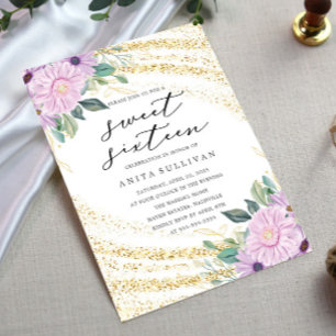Gold Glitter Purple Rose Sweet Sixteen 16 Birthday Invitation
