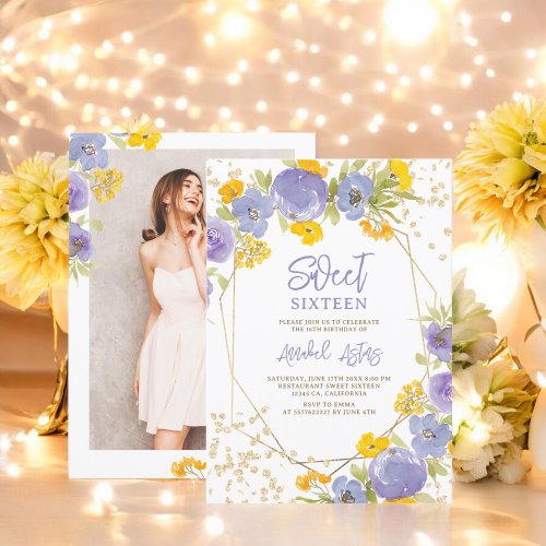 Gold glitter purple yellow floral photo Sweet 16 Invitation