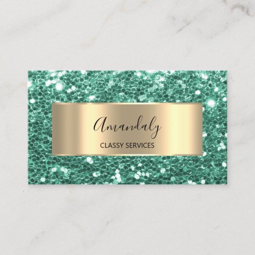 Gold  Glitter QR Code Logo Mint Green Emerald Busi Business Card