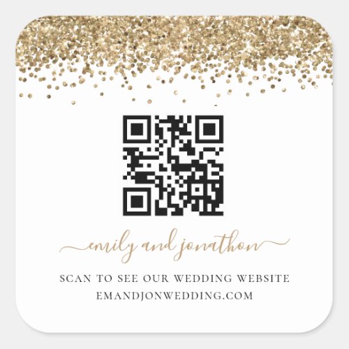 Gold Glitter QR Code Wedding Website Square Sticker