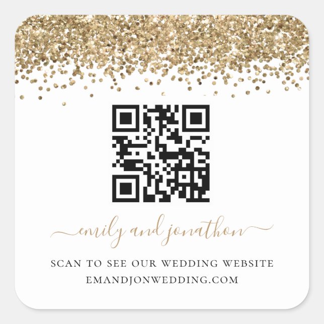 Gold Glitter QR Code Wedding Website Square Sticker (Front)