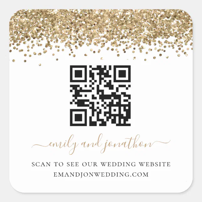 Gold Glitter QR Code Wedding Website Square Sticker | Zazzle