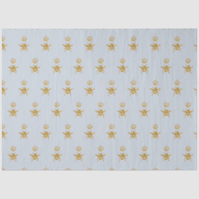 Gold Glitter Queen Bee Crown Dusty Blue Baby Boy Tissue Paper (Front)