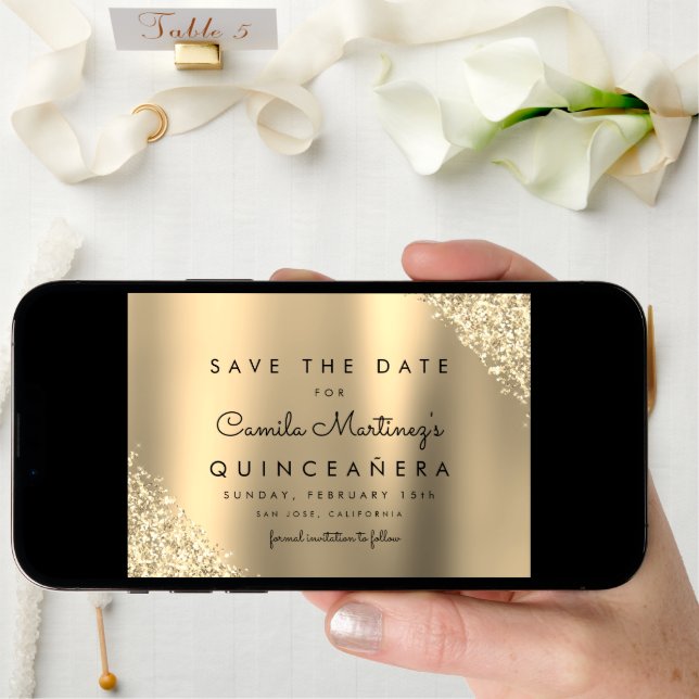 Gold Glitter Quinceanera Save the Date (Front Digital)