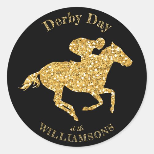 Gold Glitter Race Horse on Black Derby Classic Round Sticker