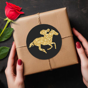 Gold Glitter Racehorse on Black Derby Party Classic Round Sticker