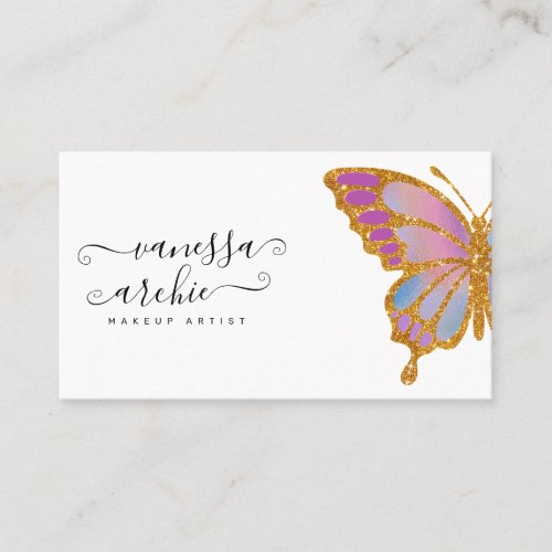 Gold Glitter Rainbow Butterfly Logo Business Card