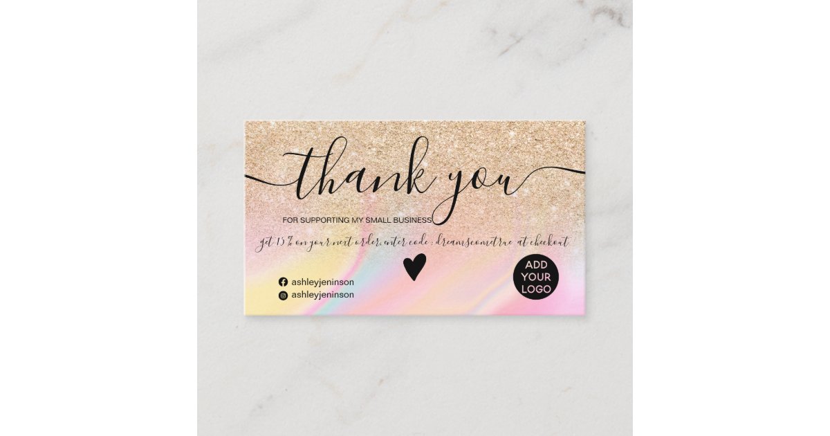 Gold glitter rainbow marble order thank you business card | Zazzle
