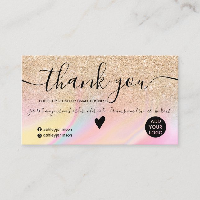 Gold glitter rainbow marble order thank you business card (Front)