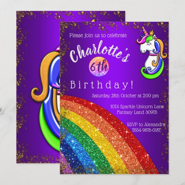 Gold Glitter Rainbow Purple Unicorn Birthday Invitation (Front/Back)