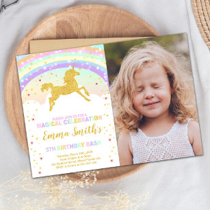 Gold Glitter Rainbow Unicorn Invitations Photo