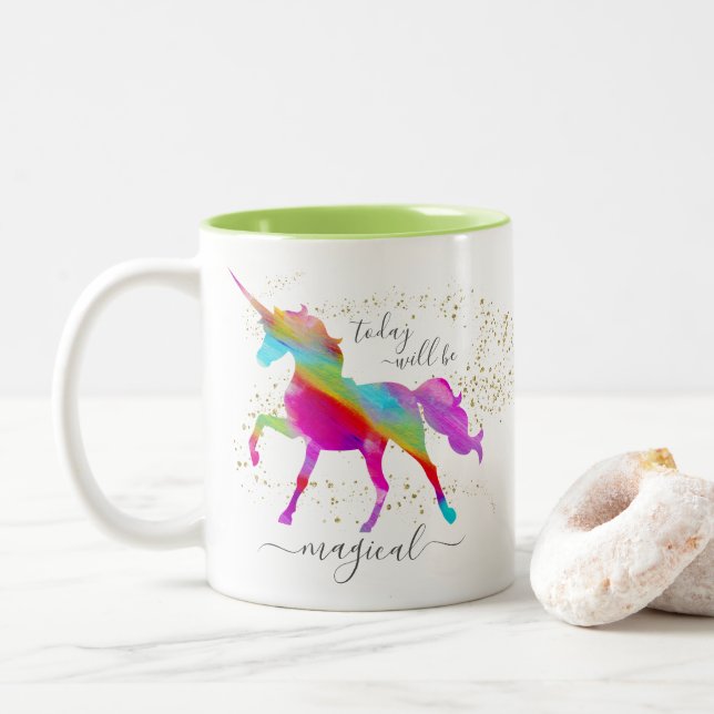 Gold Glitter Rainbow Unicorn Today will be Magical Two-Tone Coffee Mug (With Donut)