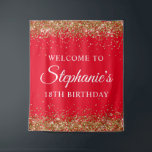 Gold Glitter Red 18th Birthday Party Welcome Tapestry<br><div class="desc">A modern elegant calligraphy with a modern all caps style font in white. 
Create your own 18th birthday milestone birthday party celebration welcome tapestry backdrop for your friend. 
The background features faux sparkly gold glitter digital art graphics that prints like a photo over a solid bright red color background.</div>