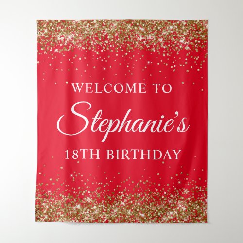 Gold Glitter Red 18th Birthday Party Welcome Tapestry