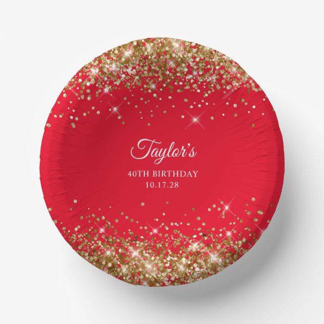 Gold Glitter Red 40th Birthday Paper Bowls (Front)