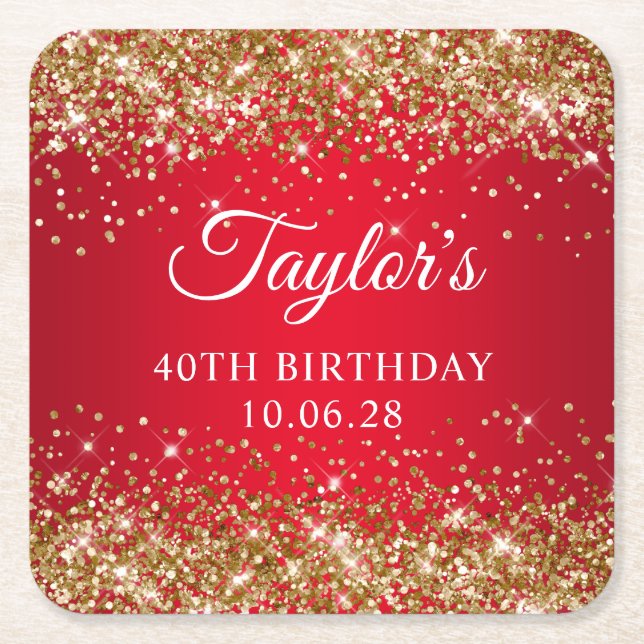 Gold Glitter Red 40th Birthday Square Paper Coaster (Front)