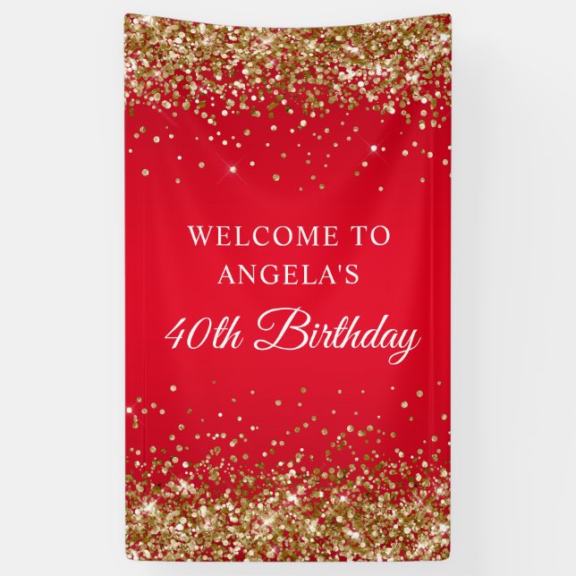 Gold Glitter Red 40th Birthday Vertical Banner (Vertical)