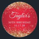 Gold Glitter Red 50th Birthday Classic Round Sticker<br><div class="desc">Create your own 50th birthday party favor stickers.
Girly faux sparkly gold glitter over a red ombre or gradient background.
Customize the font styles to create your own favor sticker design for her special celebration.
A classic elegant calligraphy paired with an all caps serif font.</div>
