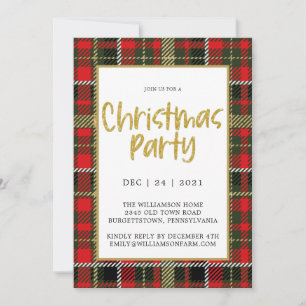 Gold Glitter Red and Green Plaid Christmas Party  Invitation
