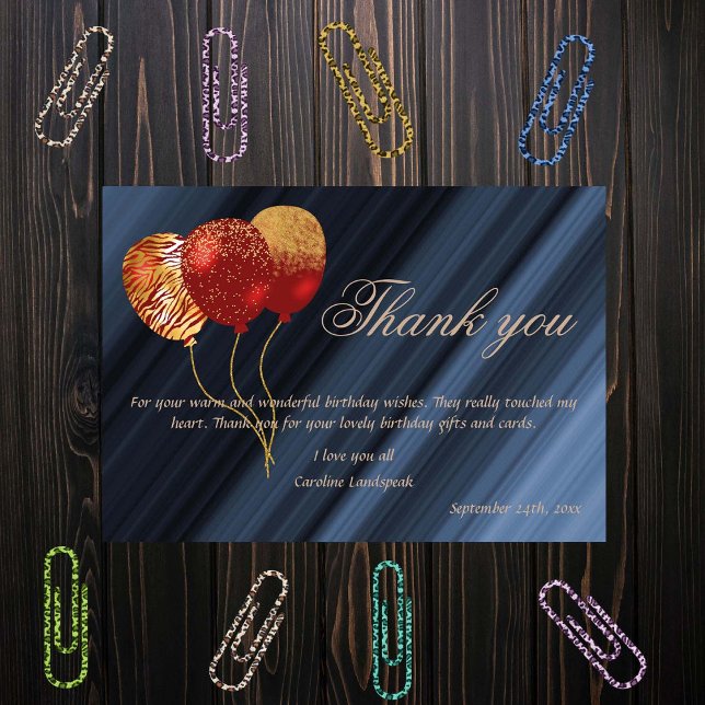 Gold & Glitter Red Balloons Birthday Thank You Note Card (Creator Uploaded)