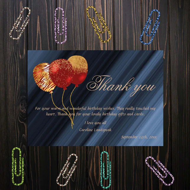Gold & Glitter Red Balloons Birthday Thank You Note Card | Zazzle