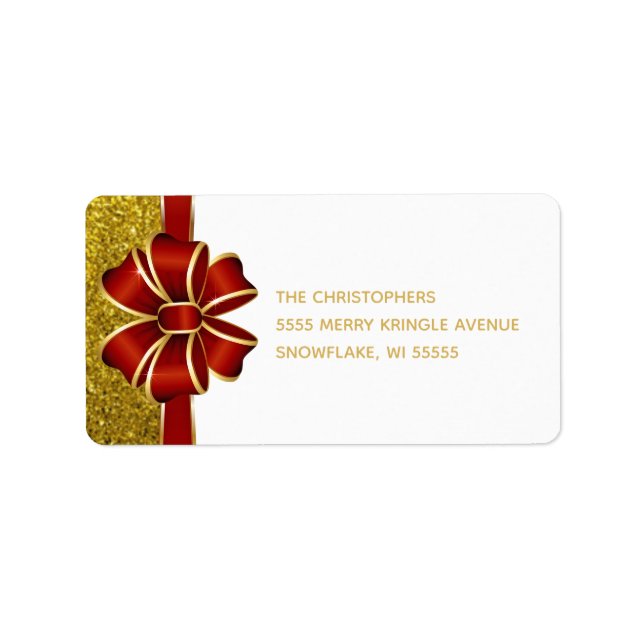 Gold Glitter Red Bow Holiday Address Label (Front)