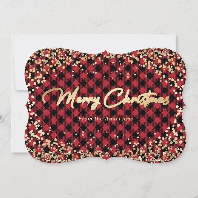 Gold Glitter Red Buffalo Plaid Christmas Cards (Front)