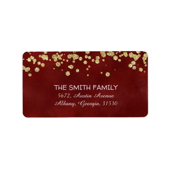 Gold Glitter Red Burgundy Winter Wedding Address Label (Front)