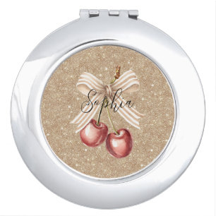 Gold Glitter Red Cherries Compact Mirror