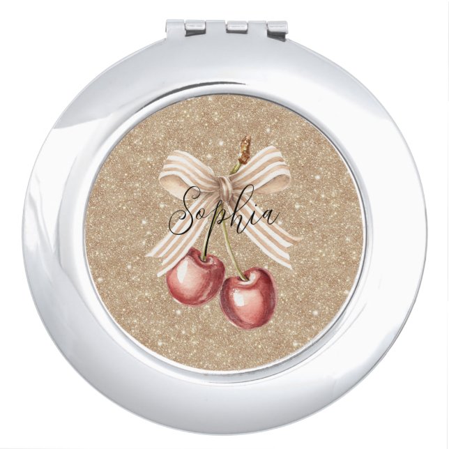 Gold Glitter Red Cherries Compact Mirror (Front)