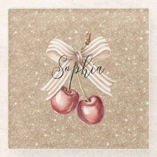 Gold Glitter Red Cherries Glass Coaster (Front)