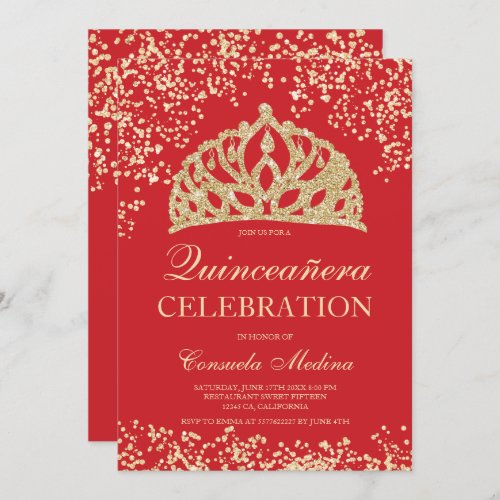 gold glitter red crown tiara Quinceaera Invitation