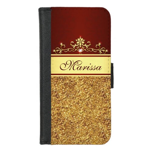 Gold Glitter Red Floral iPhone 87 Wallet Case