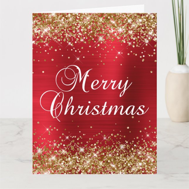 Gold Glitter Red Foil Big Merry Christmas Card (Front)
