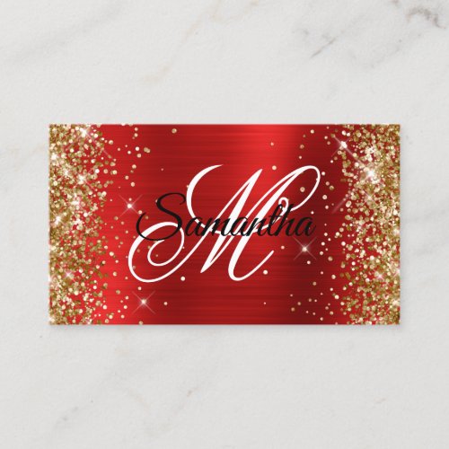 Gold Glitter Red Foil Fancy Monogram Business Card