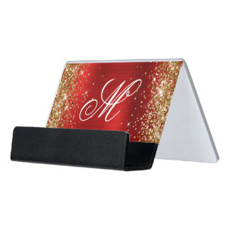 Gold Glitter Red Foil Fancy Monogram Desk Business Card Holder