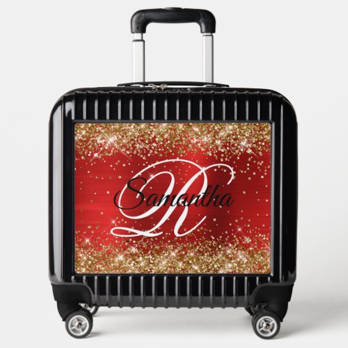 Gold Glitter Red Foil Fancy Monogram Luggage