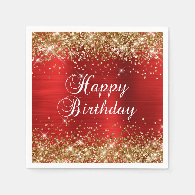 Gold Glitter Red Foil Happy Birthday Napkins (Front)