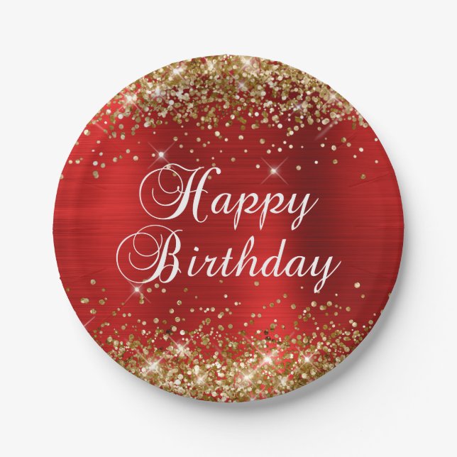 Gold Glitter Red Foil Happy Birthday Paper Plates (Front)