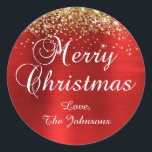 Gold Glitter Red Foil Merry Christmas Classic Round Sticker<br><div class="desc">Fancy calligraphy Merry Christmas envelope seal stickers for your holiday greeting cards.
Customize the font size or style for your family name as needed.
The sparkly gold glitter and red brushed metallic style foil are digital art elements that print like a photo.</div>