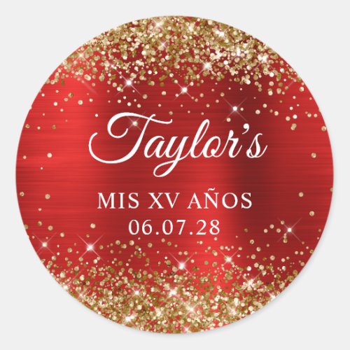 Gold Glitter Red Foil Mis XV Anos Birthday Classic Round Sticker