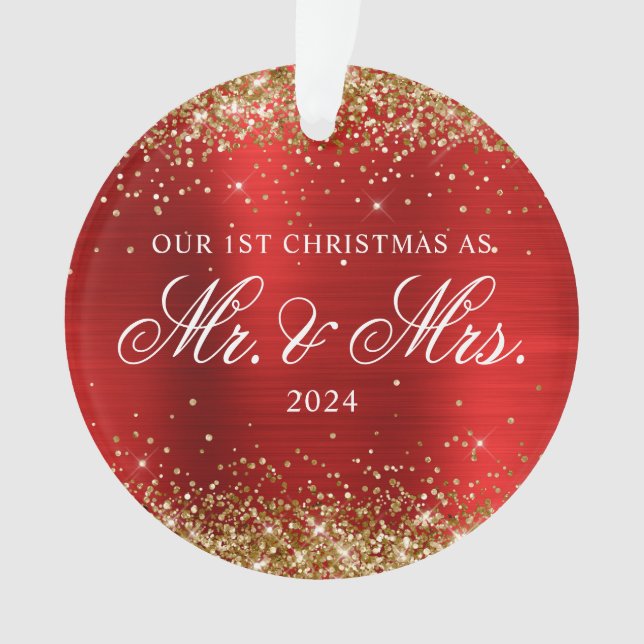 Gold Glitter Red Foil Our 1st Christmas Photo Ornament (Front)