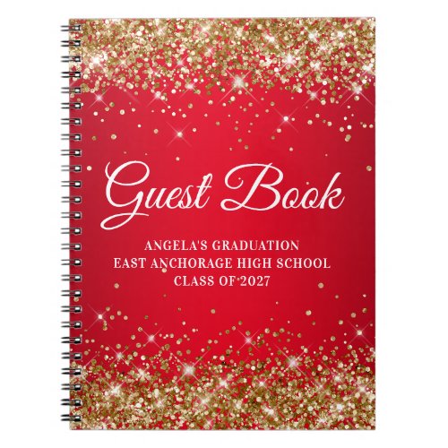 Gold Glitter Red Glam Gradient Graduation Guest Notebook