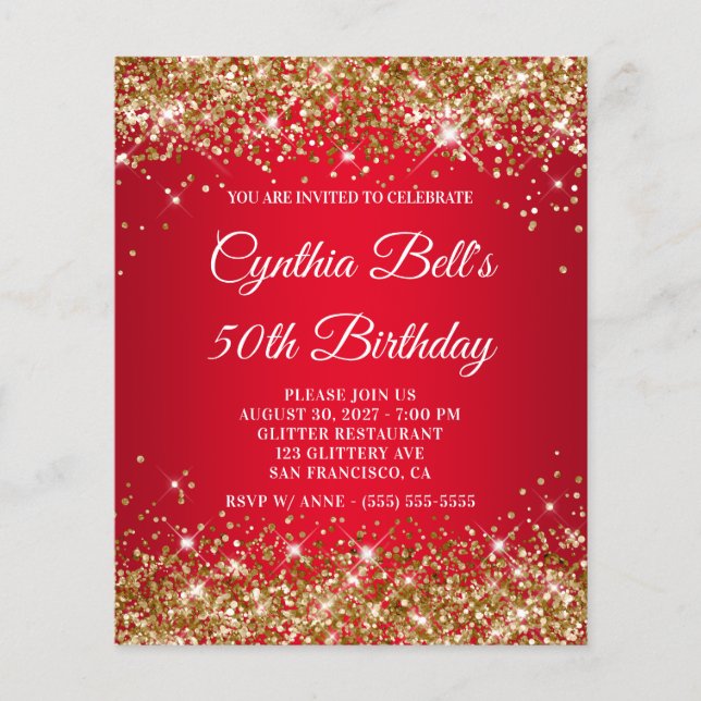 Gold Glitter Red Gradient 50th Birthday Invite Flyer (Front)