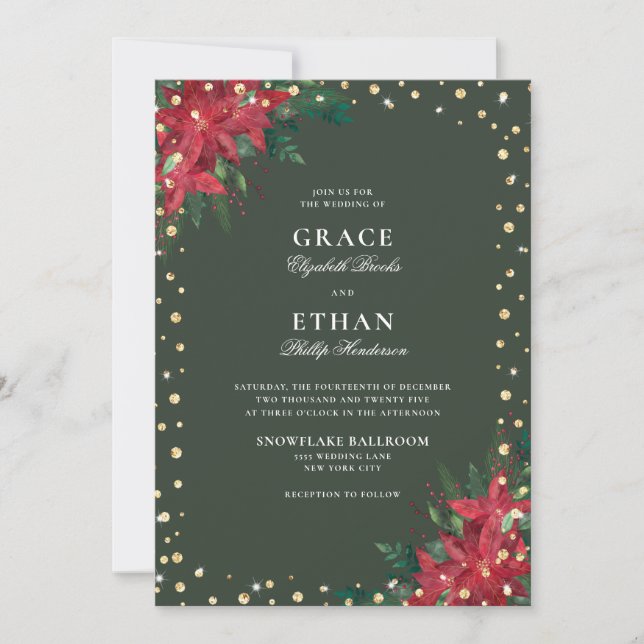 Gold Glitter Red Green Florals Christmas Wedding Invitation (Front)