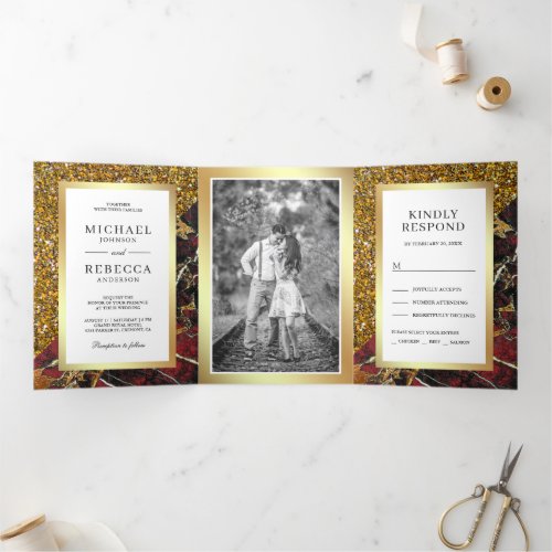 Gold Glitter Red Marble Photo Wedding Tri_Fold Invitation